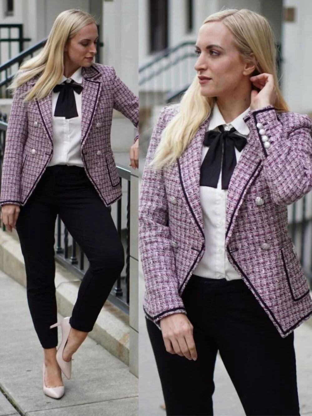 Veronica Beard Theron Blazer Pink Tweed Double Breasted Metallic Button Size 2